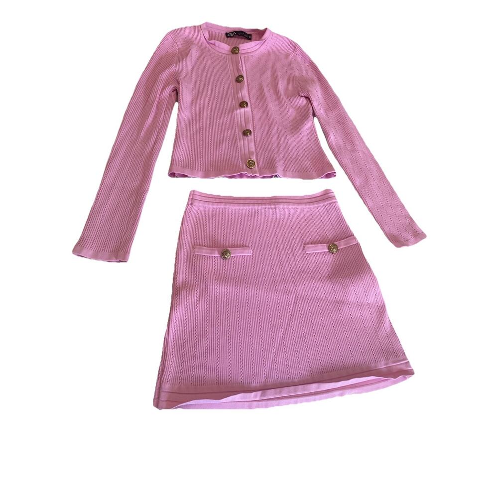 zara pink ribbed cardigan skirt set gold buttons sz L classic DC lady jacket - Picture 2 of 10